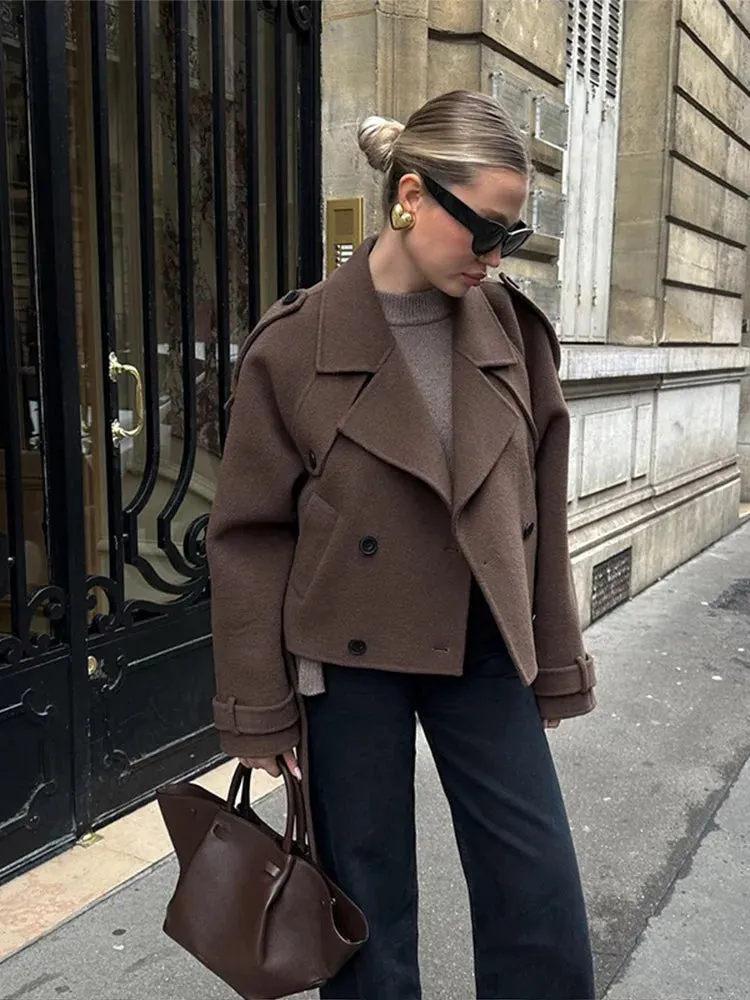 2024 Fashion Women's Long Sleeve Double-breasted Coat Casual  Lapel Neck Short Wool Blend Jacket Ladies Stylish Street Outerwear