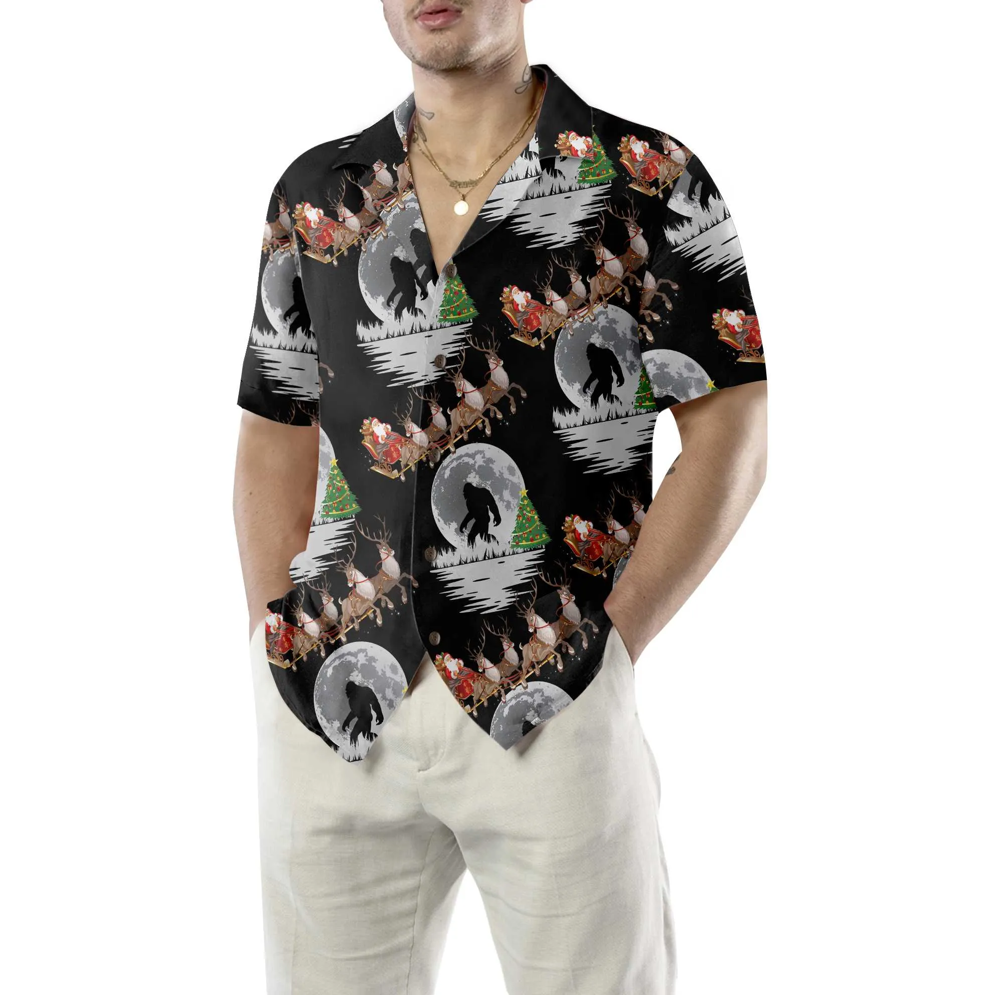 Bigfoot & Santa Claus On Christmas Day Hawaiian Shirt, Funny Christmas Shirt For Men