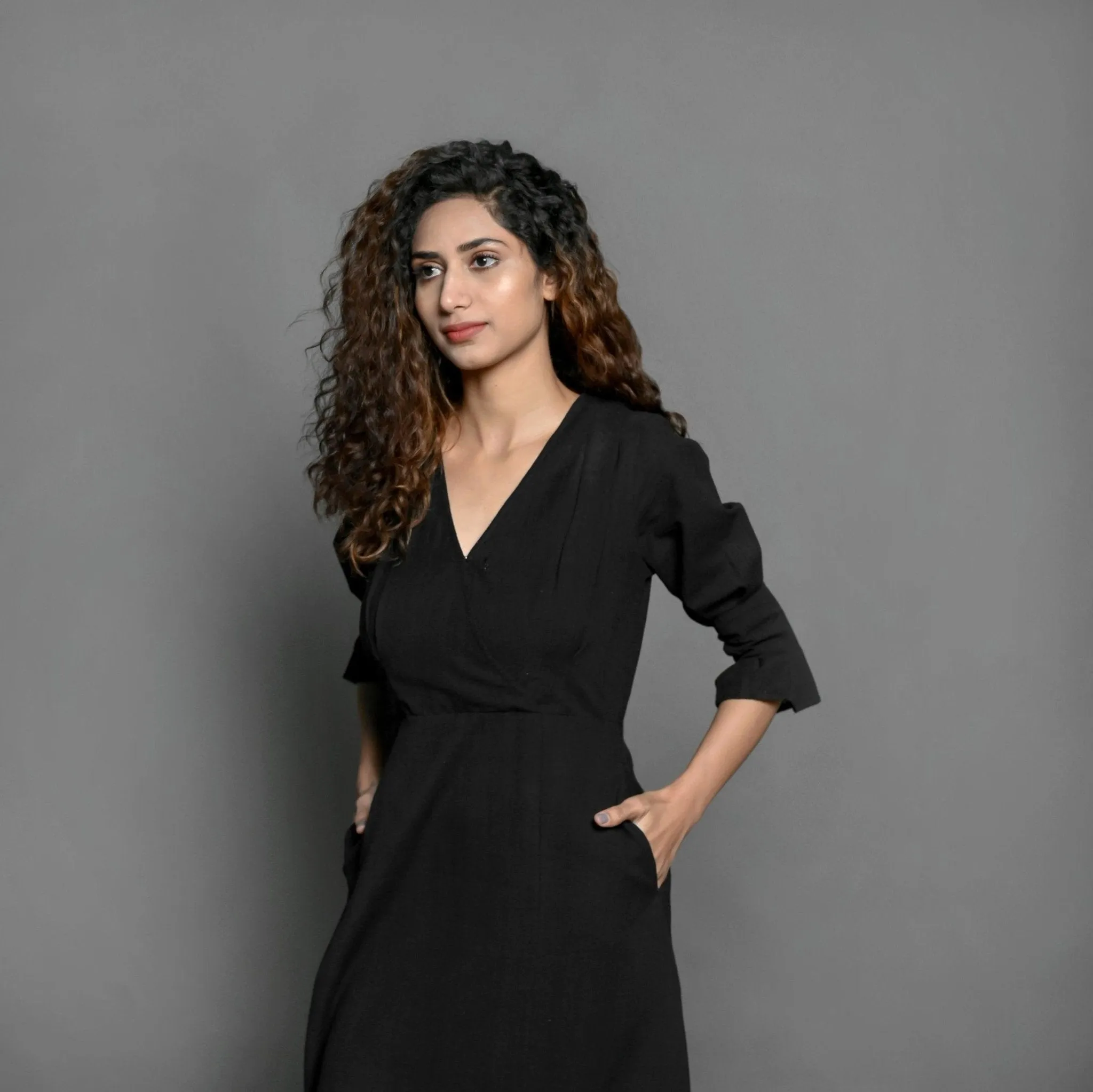 Black Handspun Cotton Surplice Neck Pleated Midi Dress