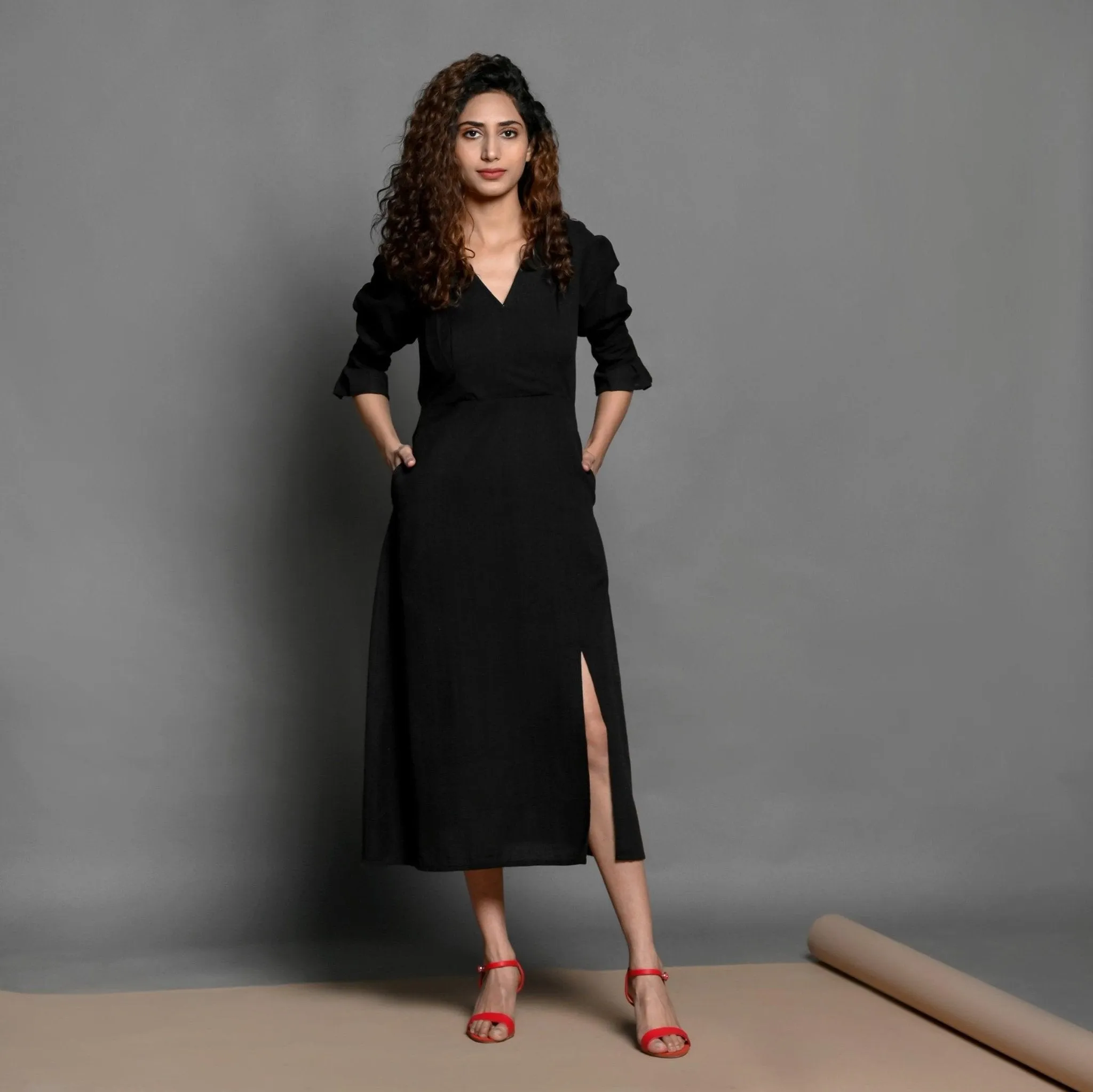 Black Handspun Cotton Surplice Neck Pleated Midi Dress
