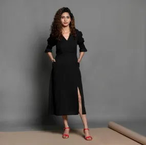 Black Handspun Cotton Surplice Neck Pleated Midi Dress