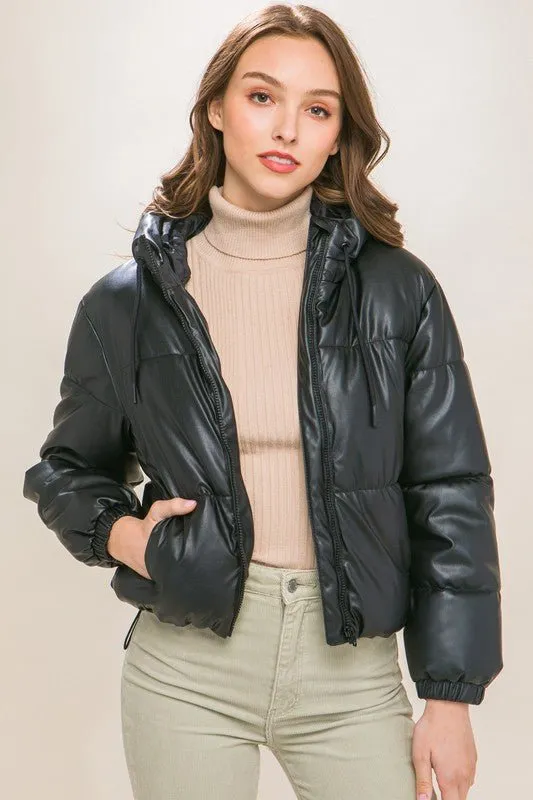 Black PU Faux Leather Zipper Hooded Puffer Jacket