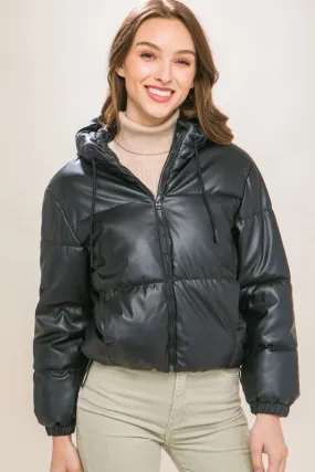 Black PU Faux Leather Zipper Hooded Puffer Jacket