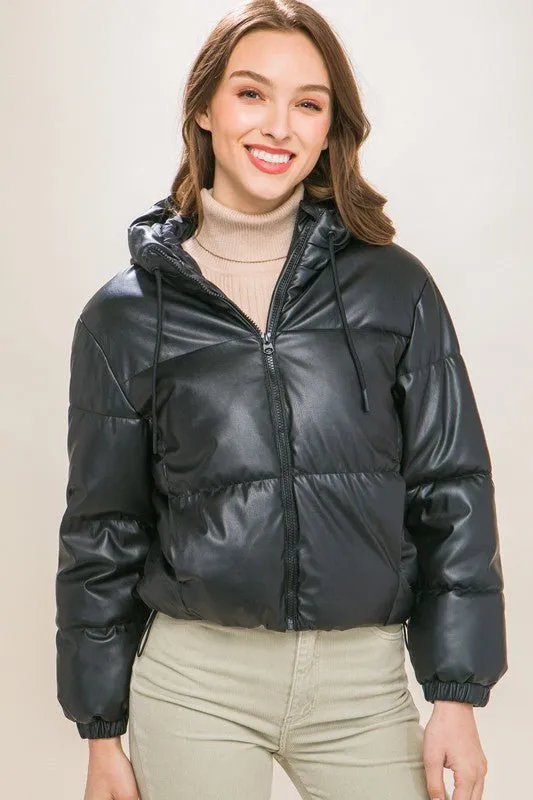 Black PU Faux Leather Zipper Hooded Puffer Jacket