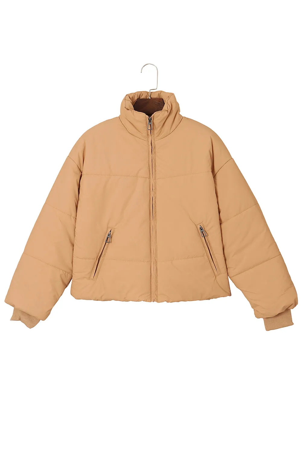 Black Solid Zip Up Pocketed Puffer Coat