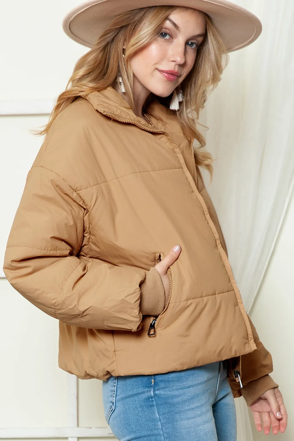 Black Solid Zip Up Pocketed Puffer Coat