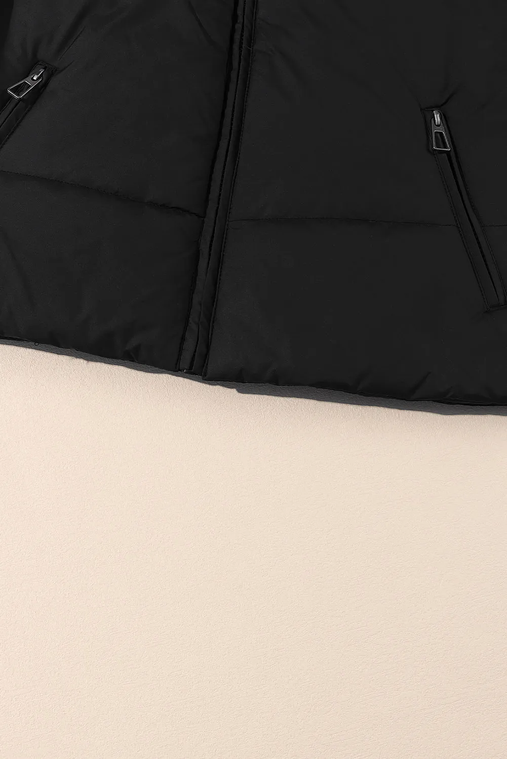 Black Solid Zip Up Pocketed Puffer Coat