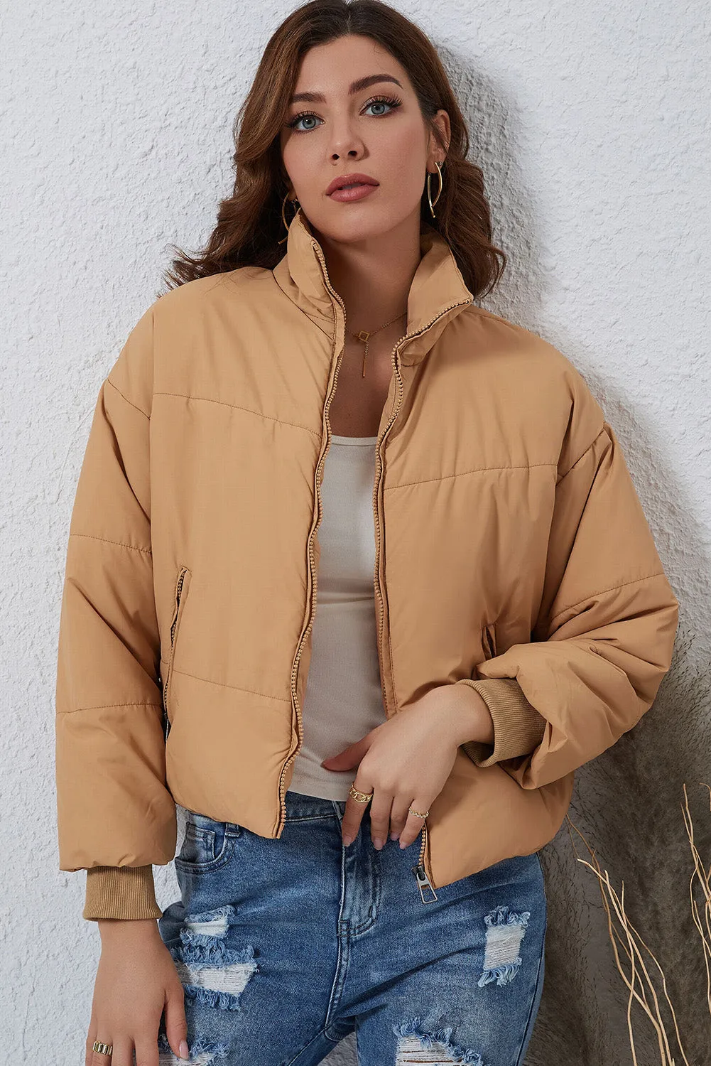 Black Solid Zip Up Pocketed Puffer Coat