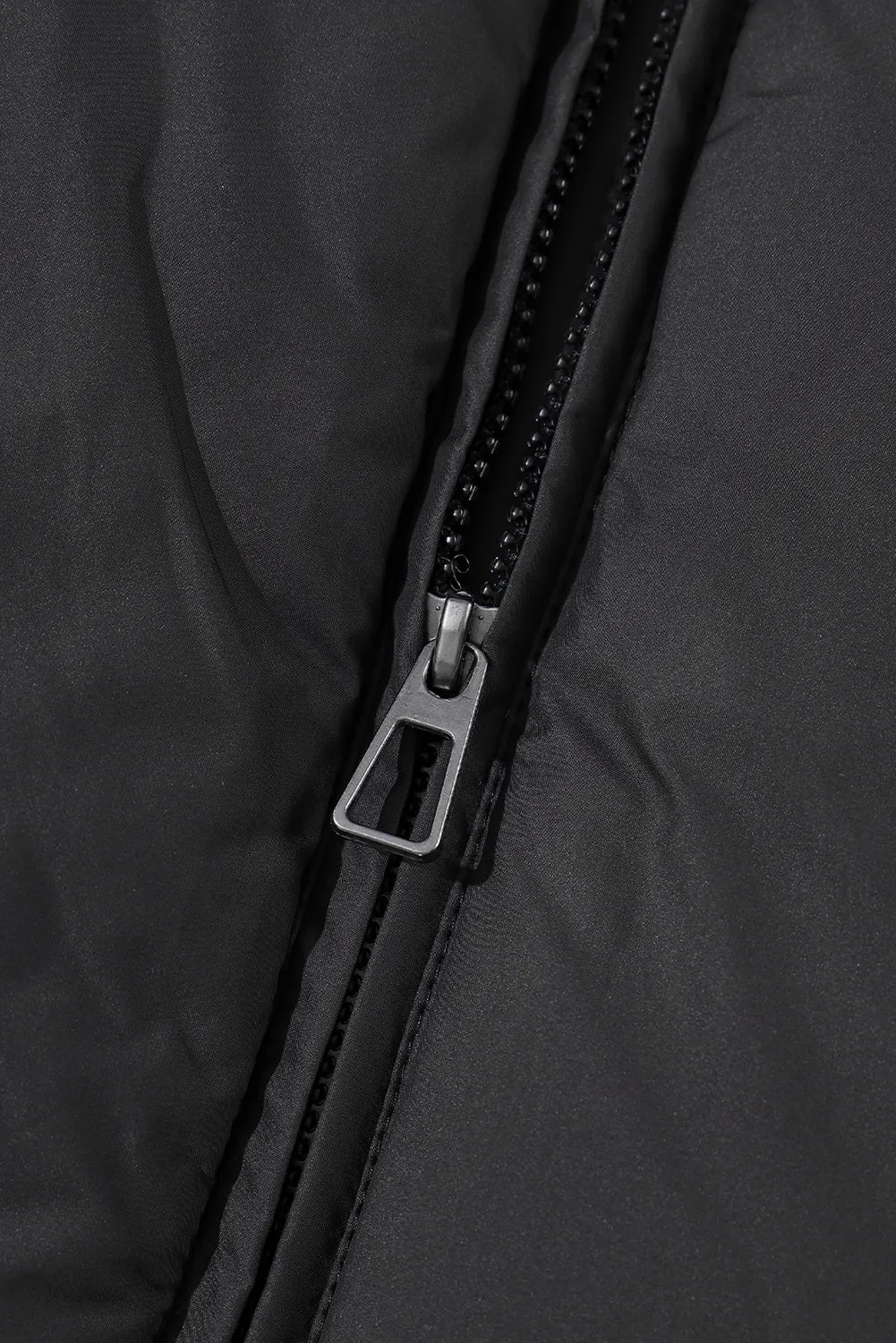 Black Solid Zip Up Pocketed Puffer Coat