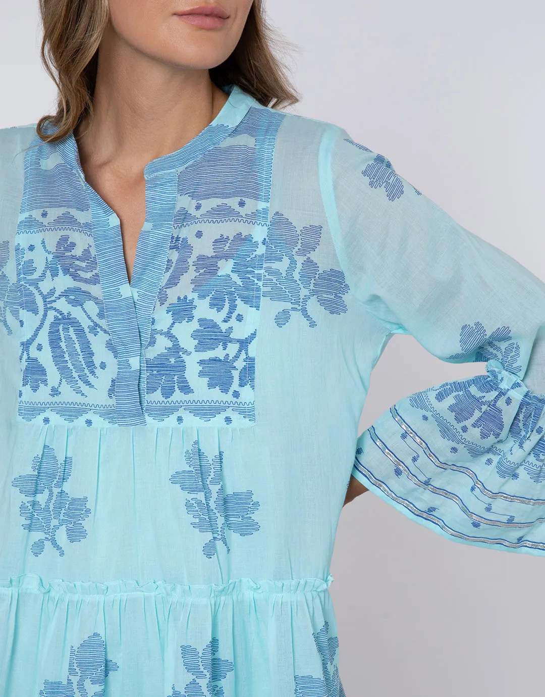 Dhaka Print Flared Sleeve Dress - Blue and Royal Blue