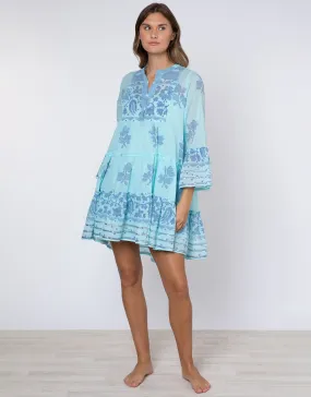 Dhaka Print Flared Sleeve Dress - Blue and Royal Blue