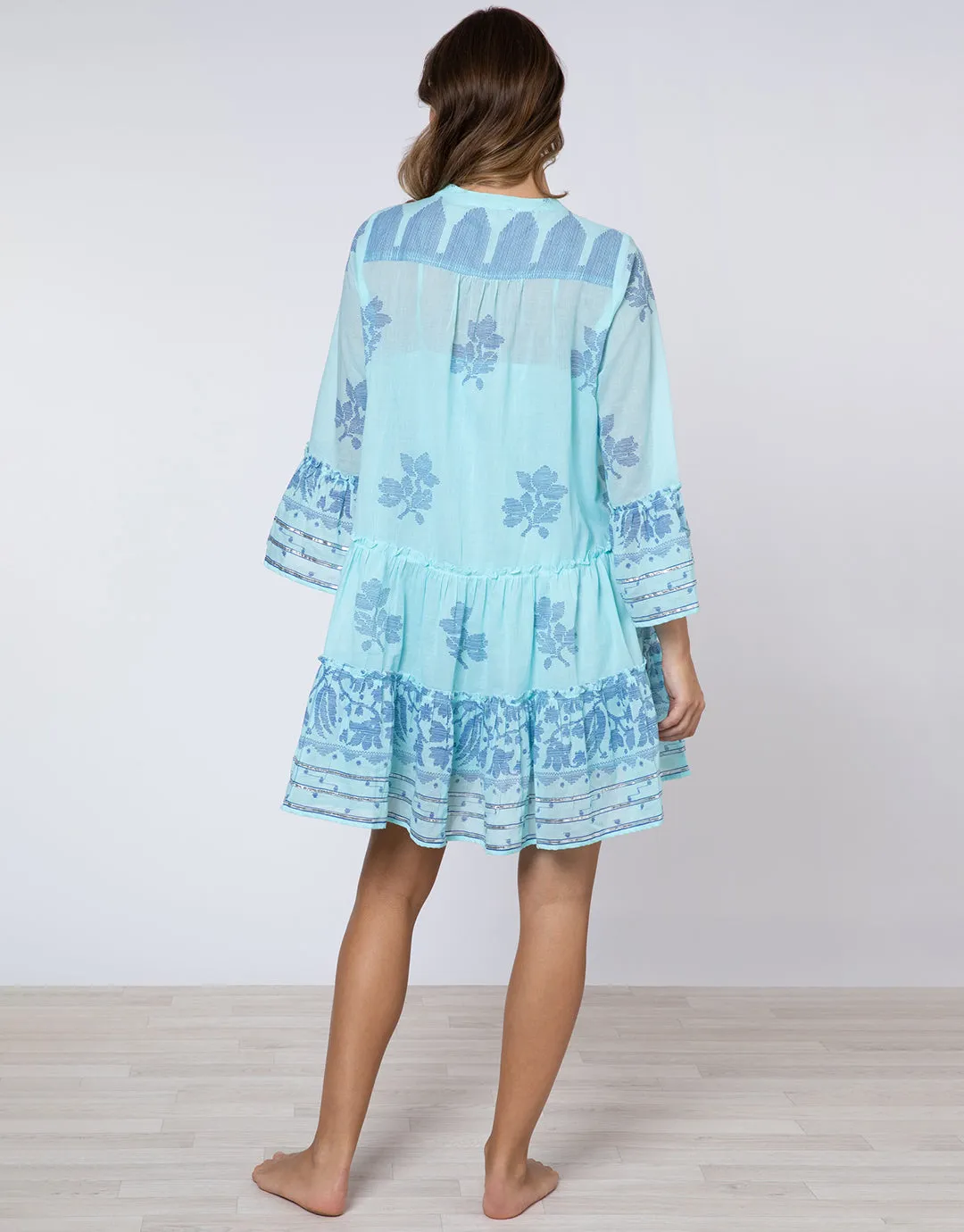Dhaka Print Flared Sleeve Dress - Blue and Royal Blue