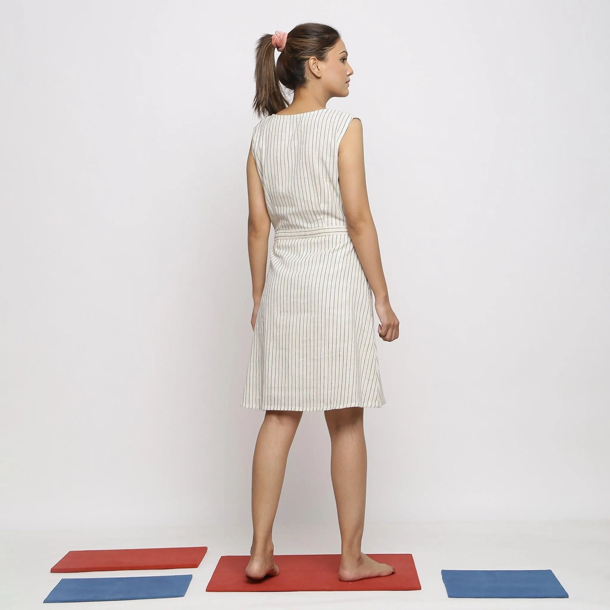 Ecru Striped Handspun Cotton Knee-Length Wrap Dress