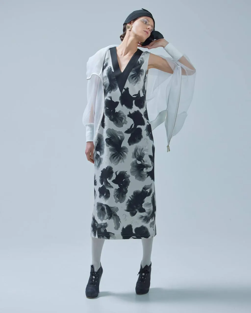 Exclusive Fish Print Sleeveless Crepe Dress White