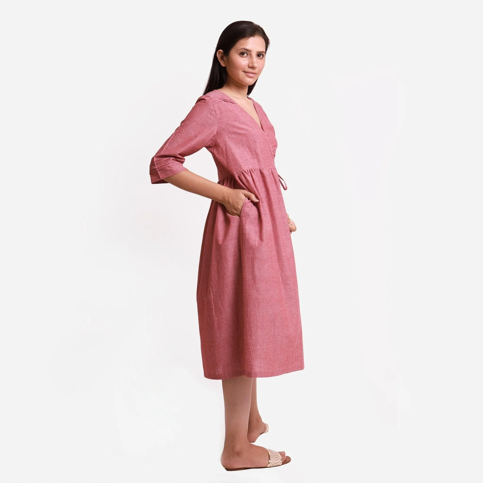 Handspun Solid Red Tie-Up Cotton Wrap Dress