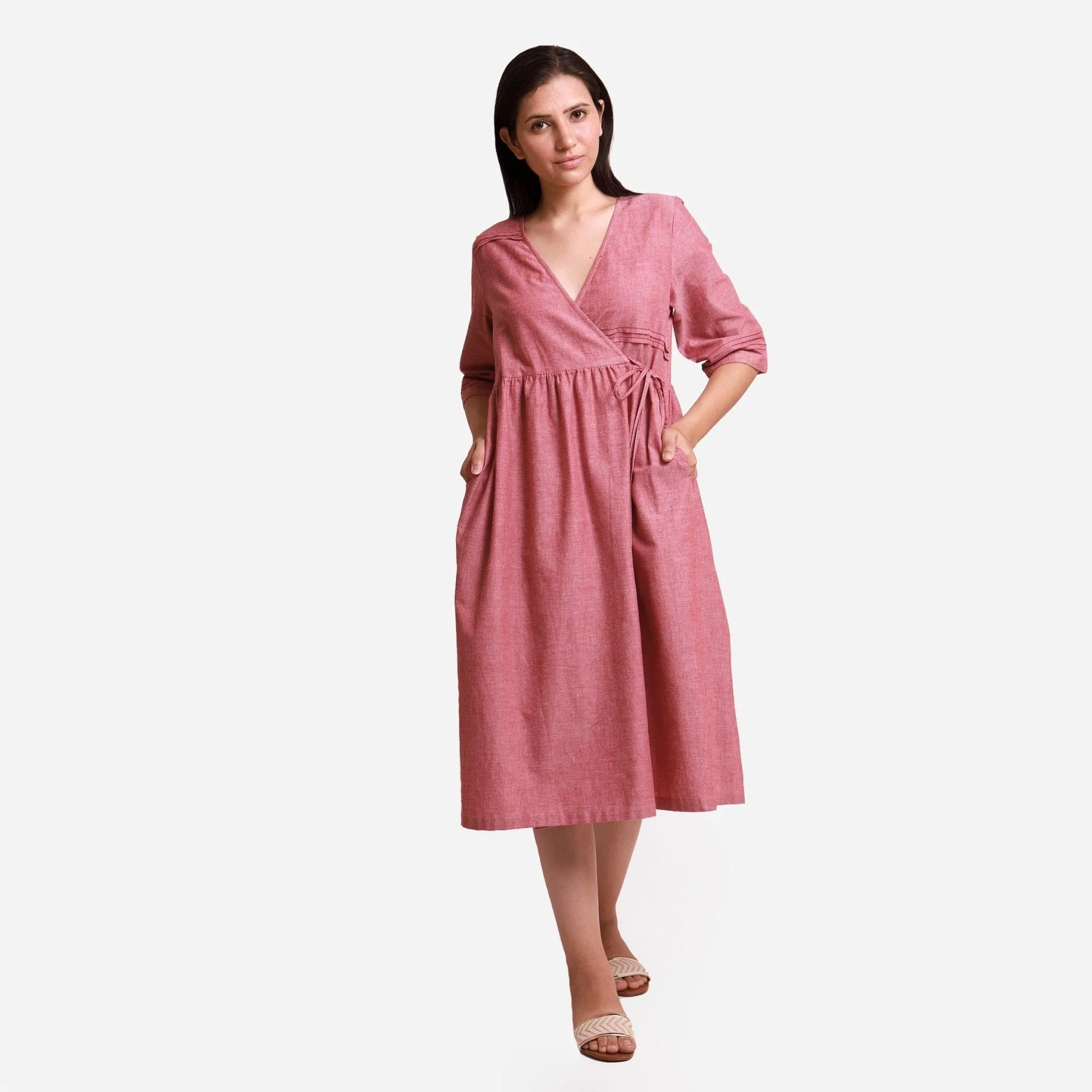 Handspun Solid Red Tie-Up Cotton Wrap Dress