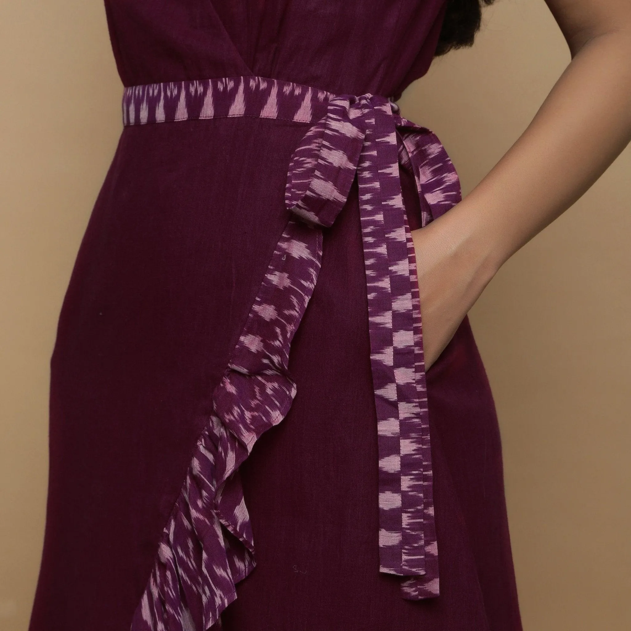 Maroon Handspun Cotton Asymmetrical Midi Wrap Dress