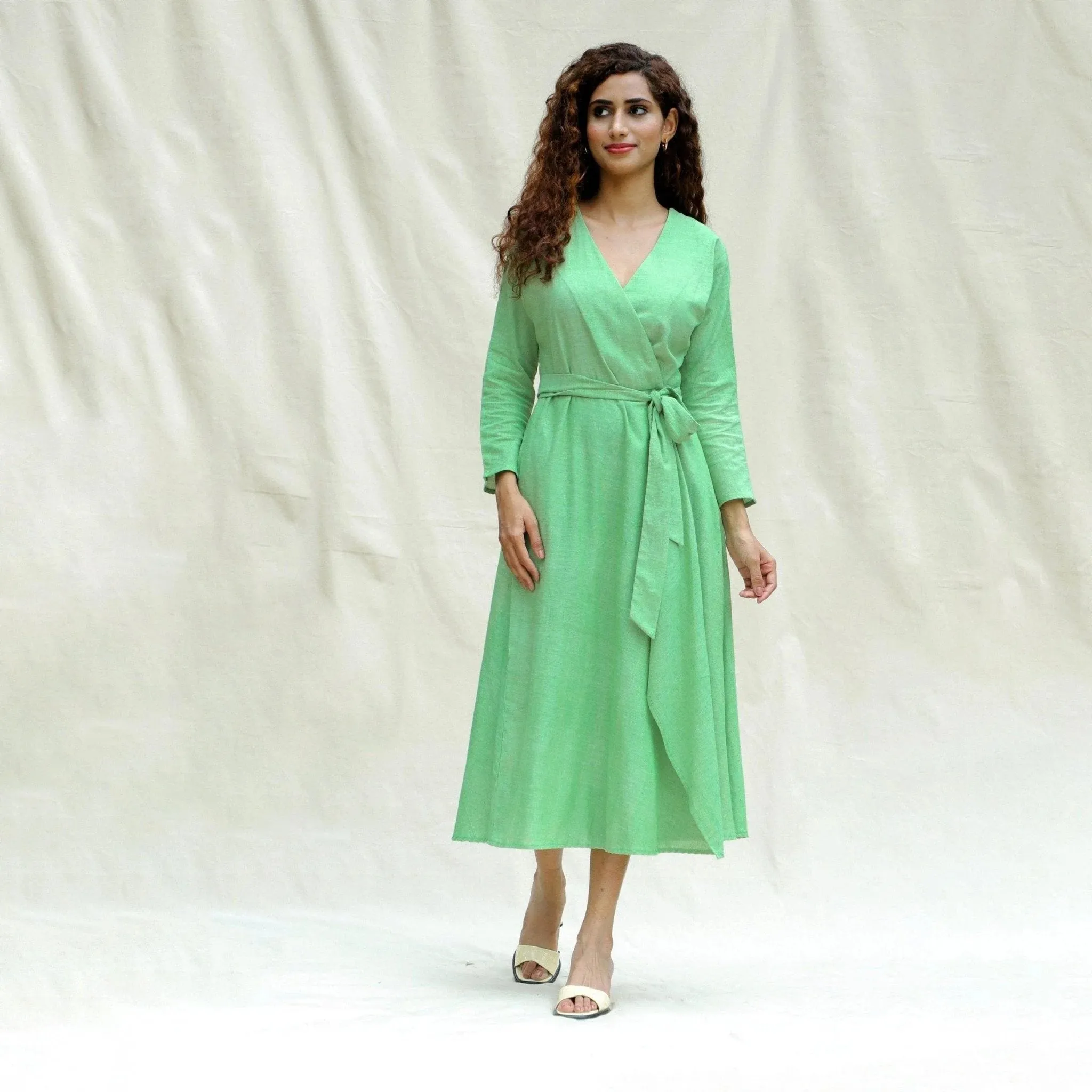Mint Green Handspun Cotton Drop Shoulder Midi Wrap Dress