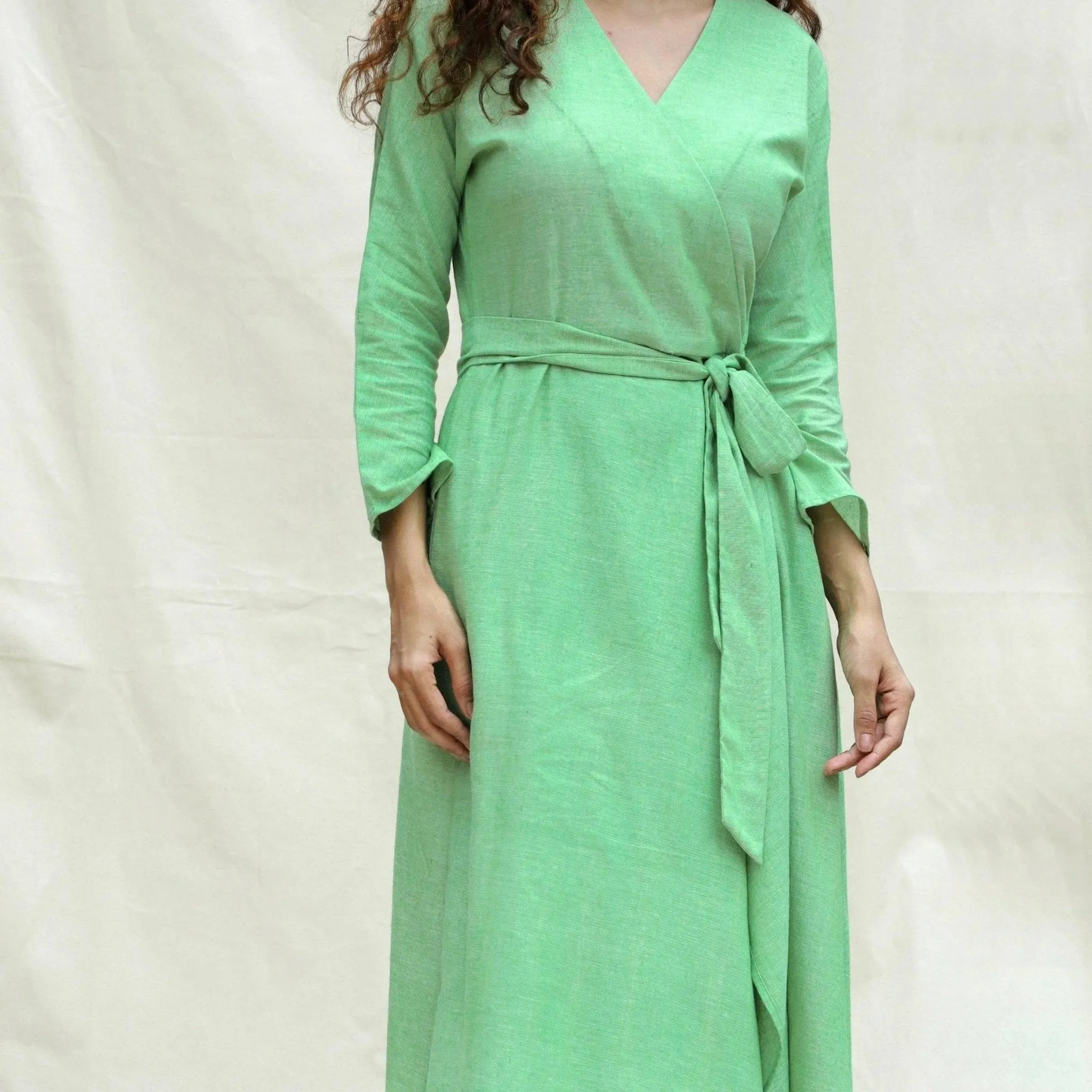 Mint Green Handspun Cotton Drop Shoulder Midi Wrap Dress