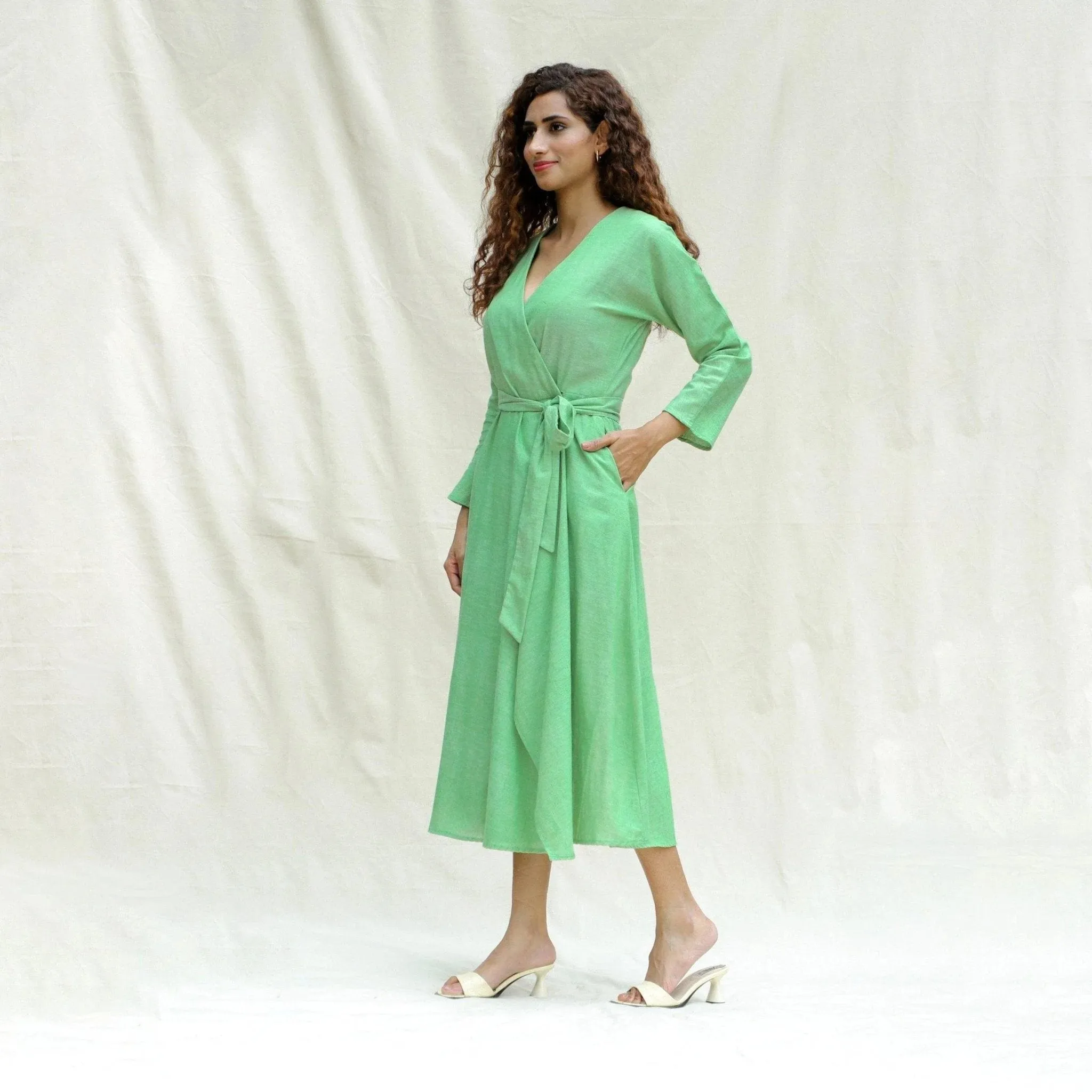 Mint Green Handspun Cotton Drop Shoulder Midi Wrap Dress