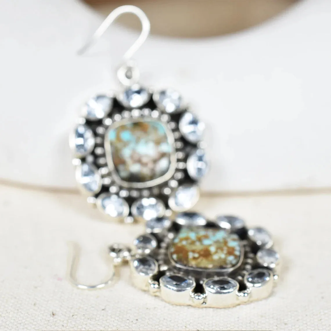 Native American Turquoise Cluster Earrings - 925 Sterling Silver Boho Style Earrings