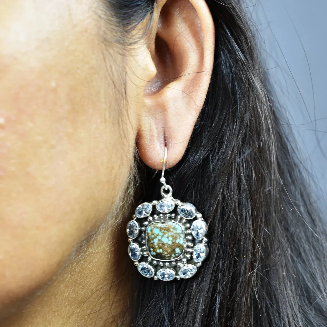 Native American Turquoise Cluster Earrings - 925 Sterling Silver Boho Style Earrings