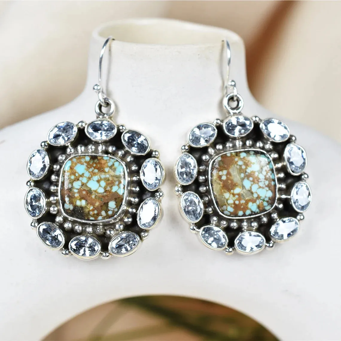 Native American Turquoise Cluster Earrings - 925 Sterling Silver Boho Style Earrings