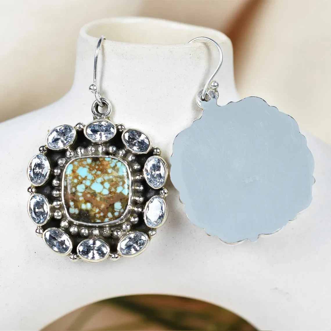 Native American Turquoise Cluster Earrings - 925 Sterling Silver Boho Style Earrings