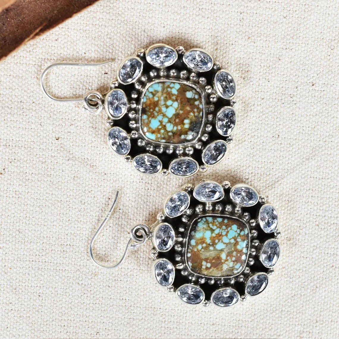 Native American Turquoise Cluster Earrings - 925 Sterling Silver Boho Style Earrings