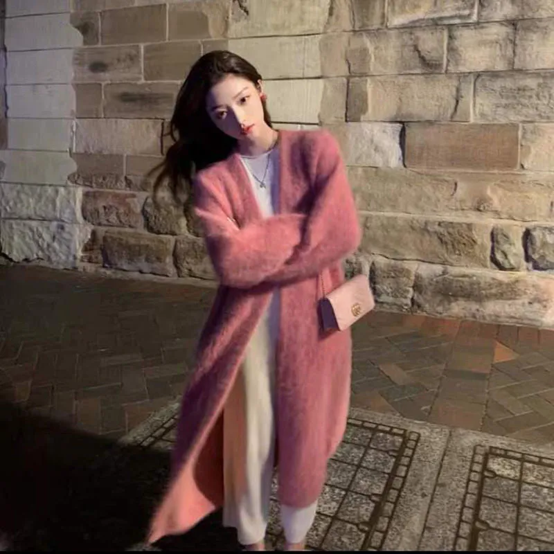 Nukty-shop business casual outfits Korean Style Autumn and Winter New Style Faux Mink Velvet Sweater Women's Cardigan Outer Wear over the Knee Long Loose Overcoat Women's Coat