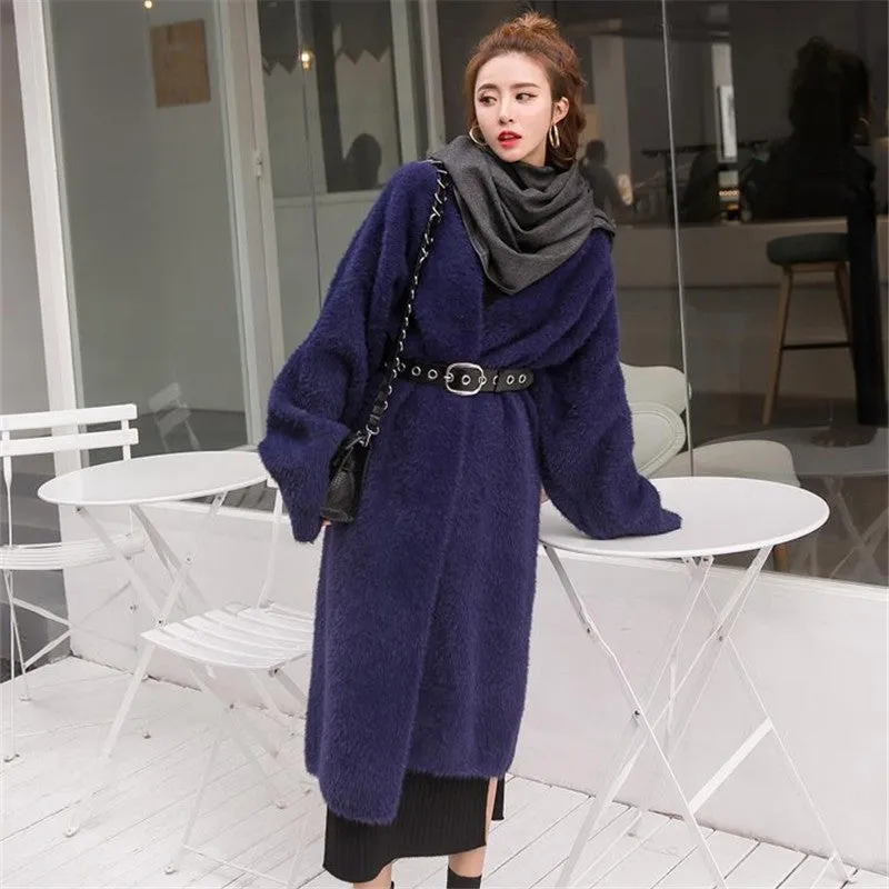 Nukty-shop business casual outfits Korean Style Autumn and Winter New Style Faux Mink Velvet Sweater Women's Cardigan Outer Wear over the Knee Long Loose Overcoat Women's Coat