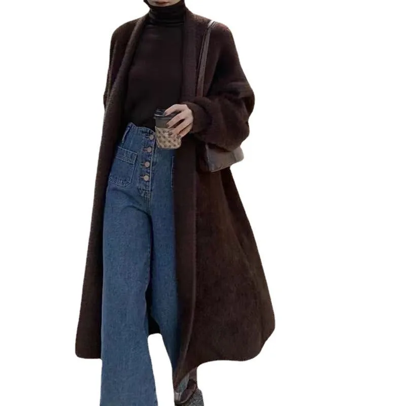 Nukty-shop business casual outfits Korean Style Autumn and Winter New Style Faux Mink Velvet Sweater Women's Cardigan Outer Wear over the Knee Long Loose Overcoat Women's Coat
