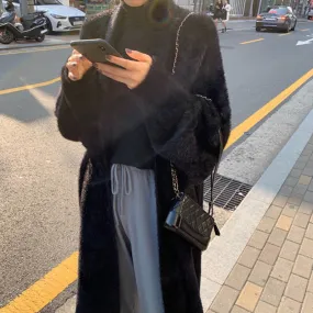 Nukty-shop business casual outfits Korean Style Autumn and Winter New Style Faux Mink Velvet Sweater Women's Cardigan Outer Wear over the Knee Long Loose Overcoat Women's Coat