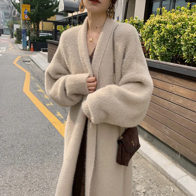 Nukty-shop business casual outfits Korean Style Autumn and Winter New Style Faux Mink Velvet Sweater Women's Cardigan Outer Wear over the Knee Long Loose Overcoat Women's Coat