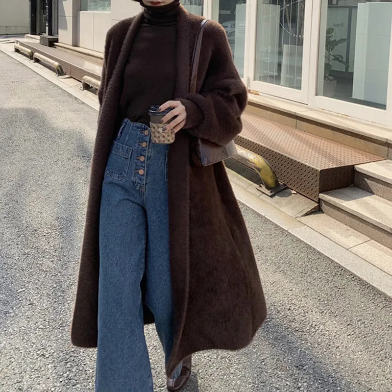 Nukty-shop business casual outfits Korean Style Autumn and Winter New Style Faux Mink Velvet Sweater Women's Cardigan Outer Wear over the Knee Long Loose Overcoat Women's Coat