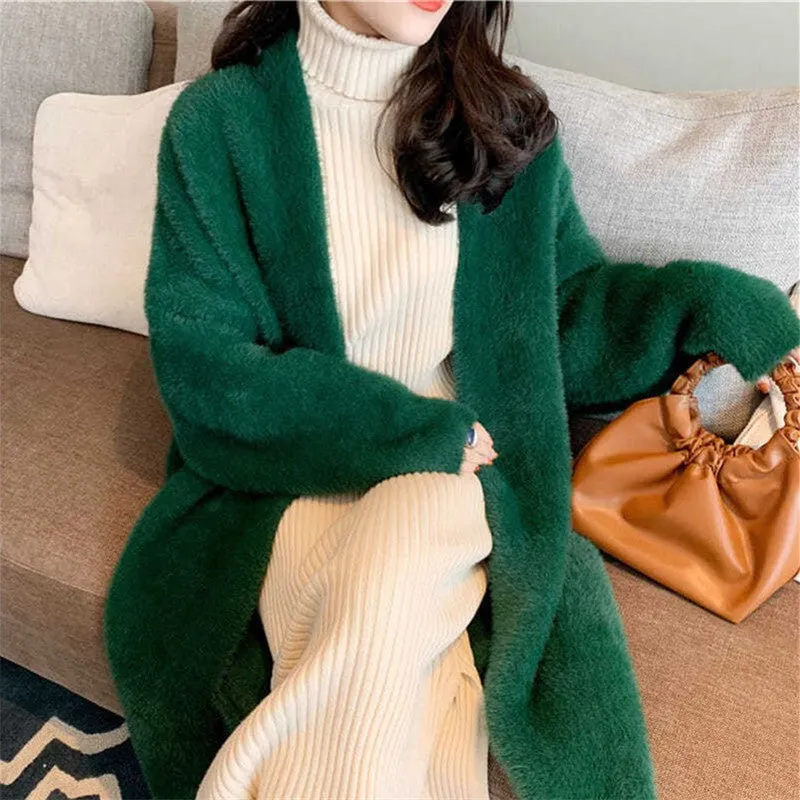 Nukty-shop business casual outfits Korean Style Autumn and Winter New Style Faux Mink Velvet Sweater Women's Cardigan Outer Wear over the Knee Long Loose Overcoat Women's Coat
