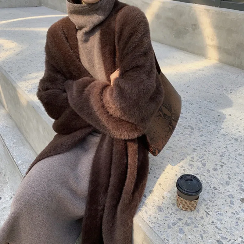 Nukty-shop business casual outfits Korean Style Autumn and Winter New Style Faux Mink Velvet Sweater Women's Cardigan Outer Wear over the Knee Long Loose Overcoat Women's Coat