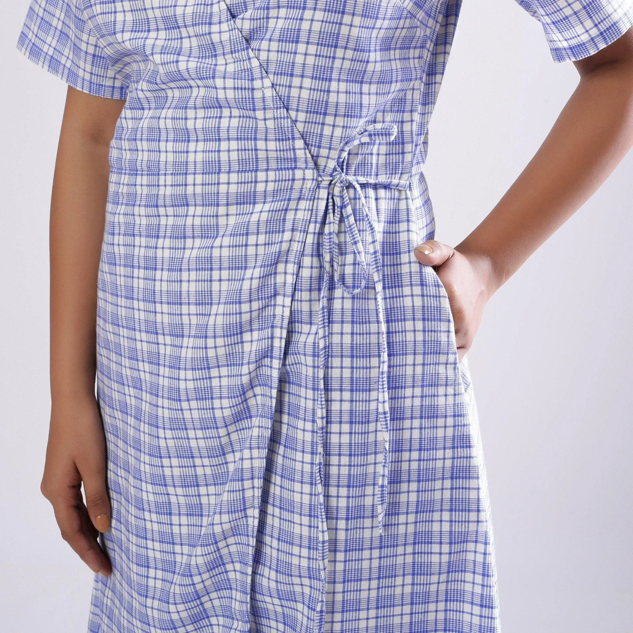 Powder Blue Checks Cotton Muslin Knee Length Wrap Dress