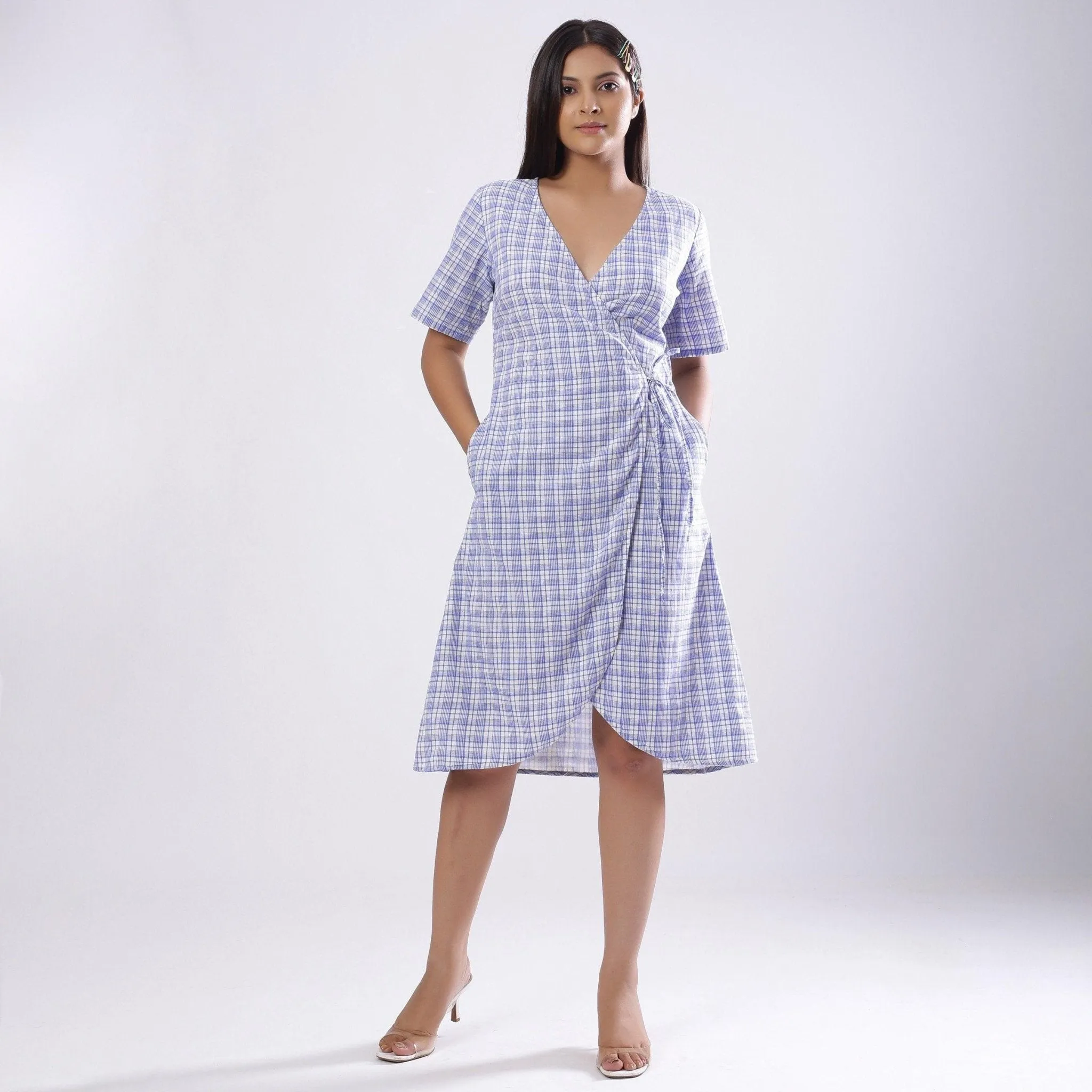 Powder Blue Checks Cotton Muslin Knee Length Wrap Dress