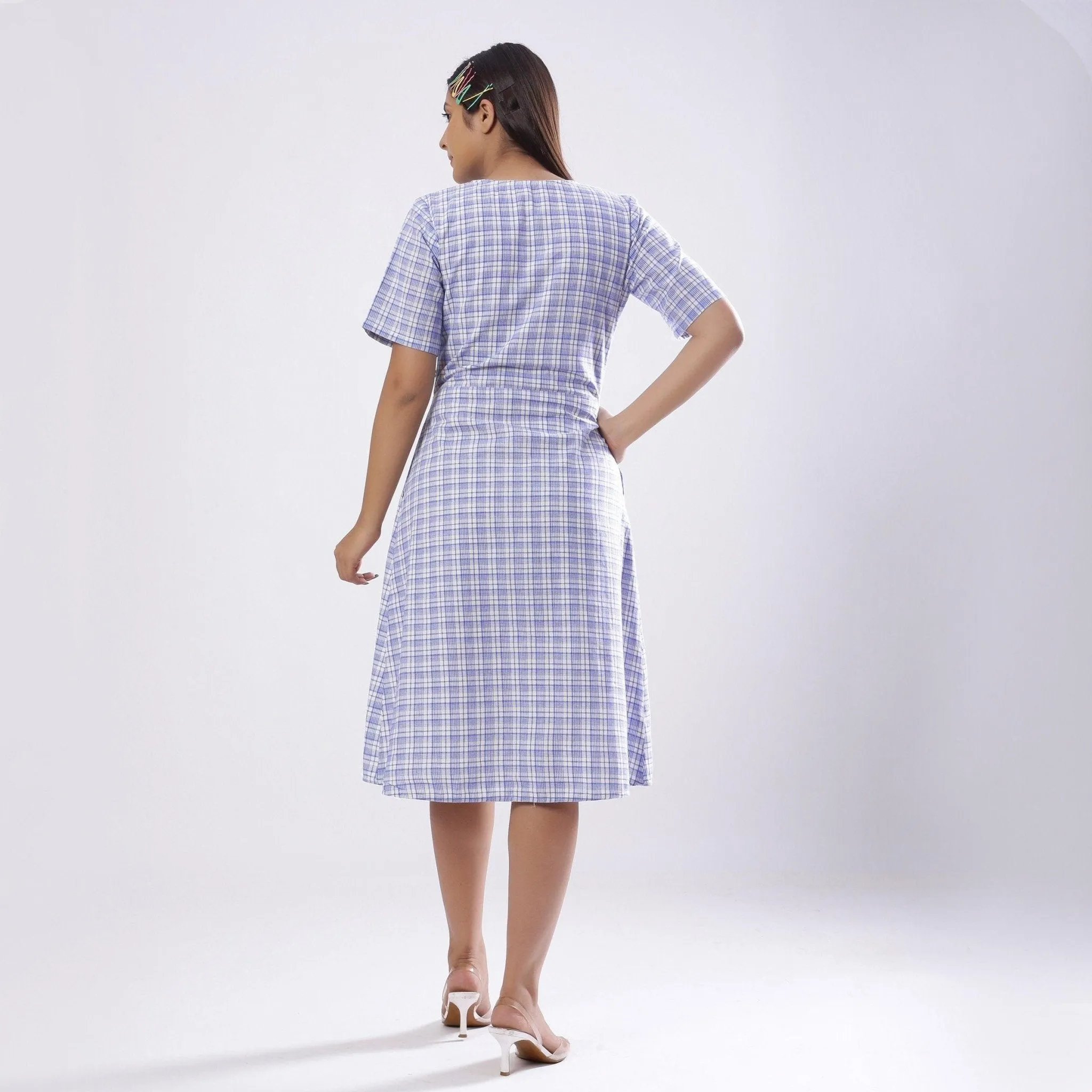 Powder Blue Checks Cotton Muslin Knee Length Wrap Dress