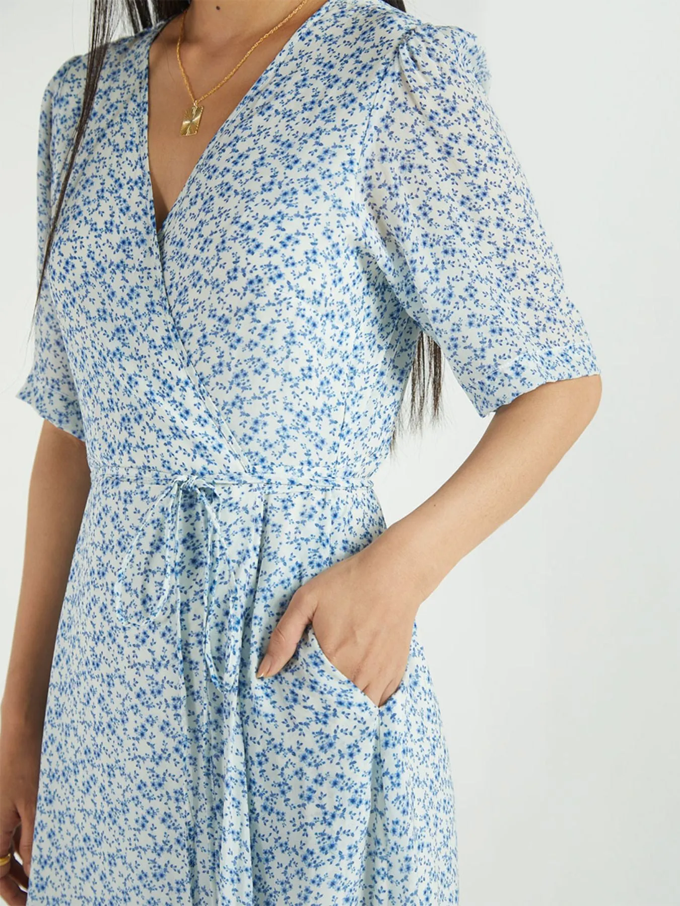 Summer Rains Wrap Dress, Forget Me Not Print