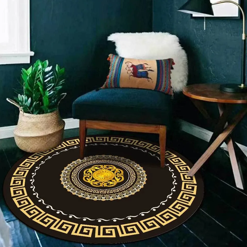 Versace Style Black and Gold Luxury Non-Slip Round Rug Carpet